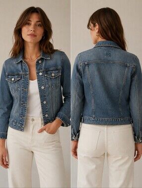 💙🧥✨ Gap Jeans Vintage Y2K Denim Jacket Trucker Medium Wash Fitted Stretch Sz S